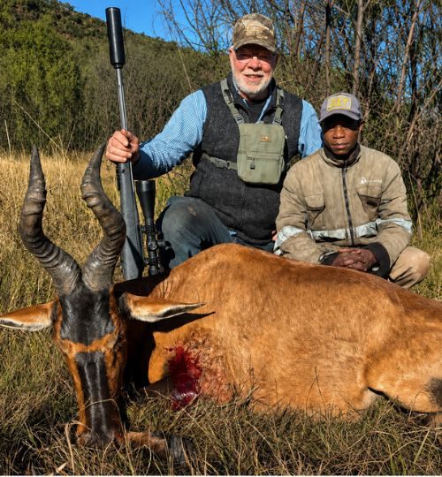 Hunter and guide posing with a trophy red hartebeest during a hunting safari in South Africa